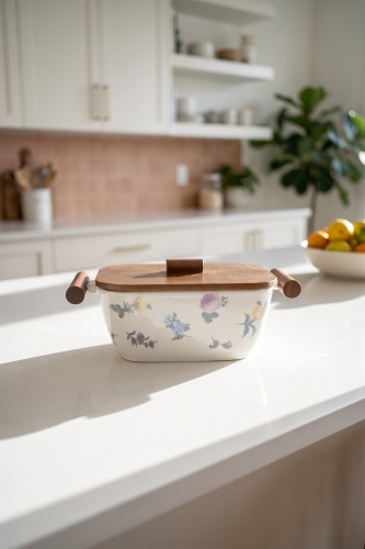 Petit Fleur Bambu Kapaklı Porselen Salata Kasesi - 25 cm