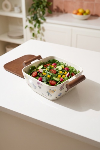 Petit Fleur Bambu Kapaklı Porselen Salata Kasesi - 25 cm (1)