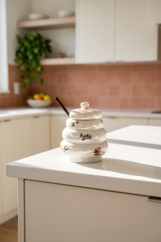 Petit Fleur Bambu Kaşıklı Porselen Bal Kavanozu - 12 cm