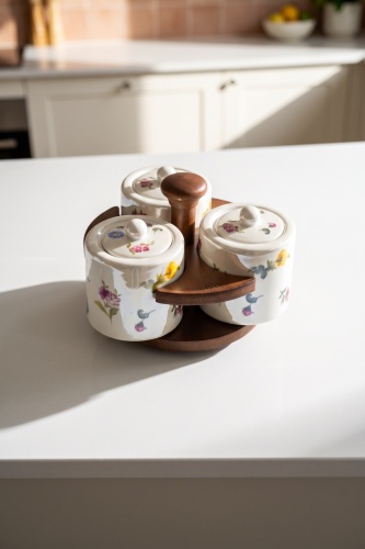 Petit Fleur Bambu Standlı 3'lü Porselen Baharatlık Seti (1)
