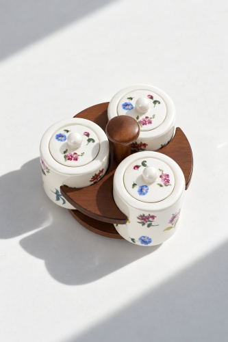 Petit Fleur Bambu Standlı 3'lü Porselen Baharatlık Seti - 3