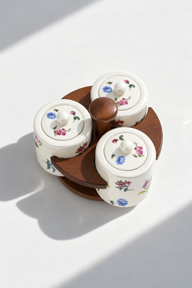 Petit Fleur Bambu Standlı 3'lü Porselen Baharatlık Seti - 3