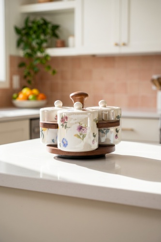 Petit Fleur Bambu Standlı 3'lü Porselen Baharatlık Seti