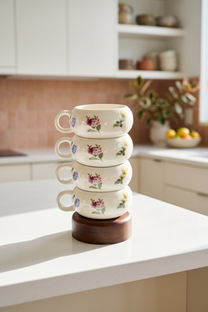 Petit Fleur Bambu Standlı 4'lü Porselen Kupa Seti - 1