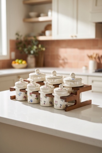 Petit Fleur Bambu Standlı 7'li Porselen Baharatlık Seti