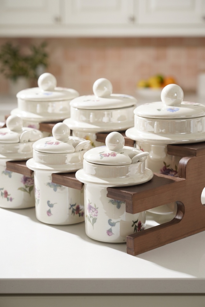 Petit Fleur Bambu Standlı 7'li Porselen Baharatlık Seti - 2