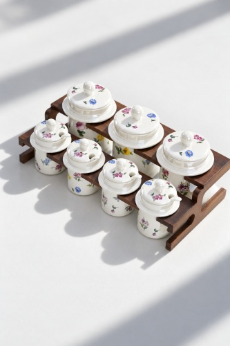 Petit Fleur Bambu Standlı 7'li Porselen Baharatlık Seti - 3