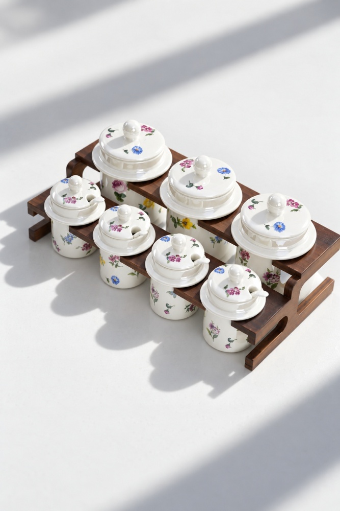 Petit Fleur Bambu Standlı 7'li Porselen Baharatlık Seti - 3