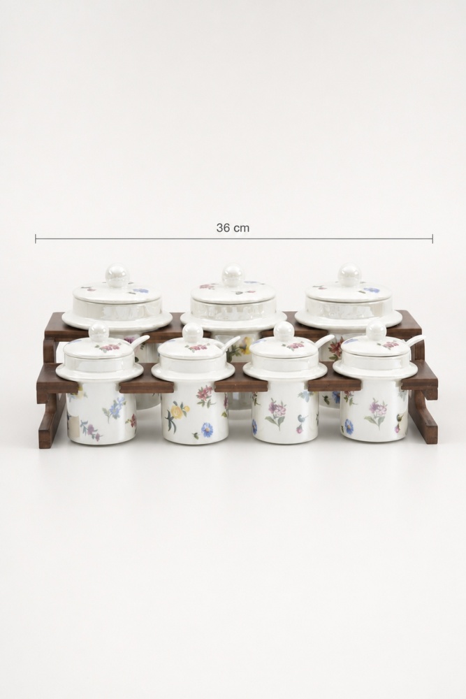 Petit Fleur Bambu Standlı 7'li Porselen Baharatlık Seti - 4