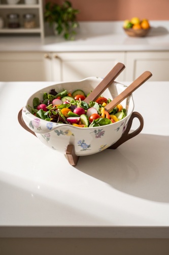 Petit Fleur Bambu Standlı Porselen Salata Kasesi - 26 cm