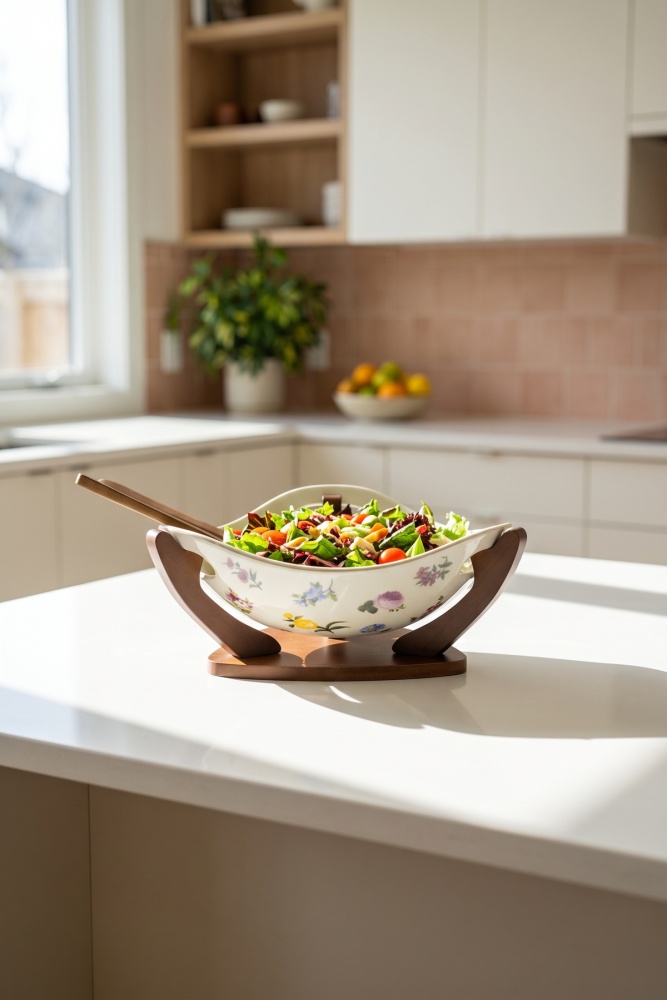 Petit Fleur Bambu Standlı Porselen Salata Kasesi - 26 cm - 1