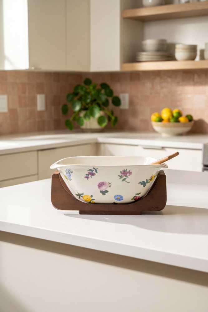 Petit Fleur Bambu Standlı Porselen Salata Kasesi - 27 cm - 2