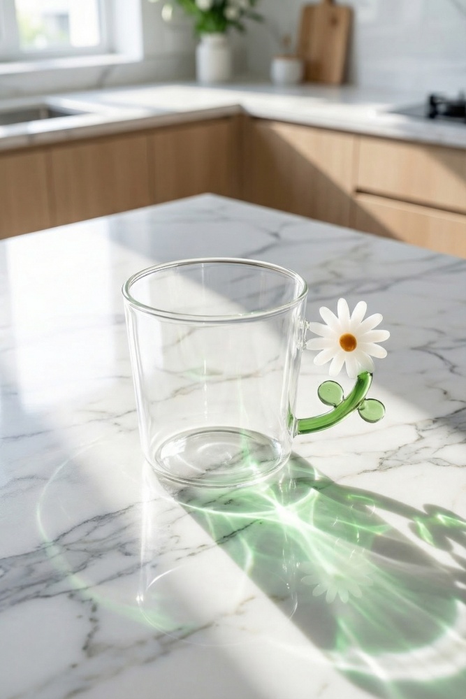 PureGlass Çiçek Kulplu Cam Kupa - 350 ml - 1