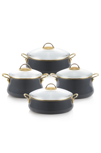 Qualita İmpera 8 Parça Cam Kapaklı Emaye Tencere Set - Gri - Acar