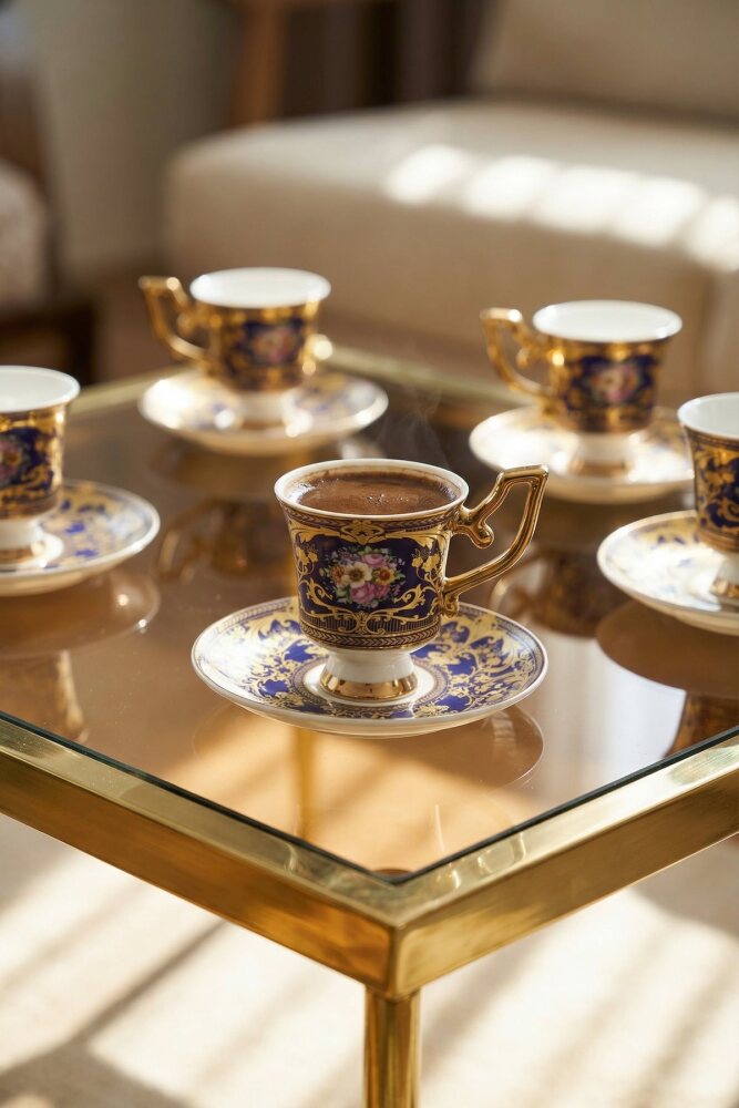 Rosalind 24K Altın Detaylı 6 Kişilik Porselen Kahve Fincanı Takımı - 90 ml - 1