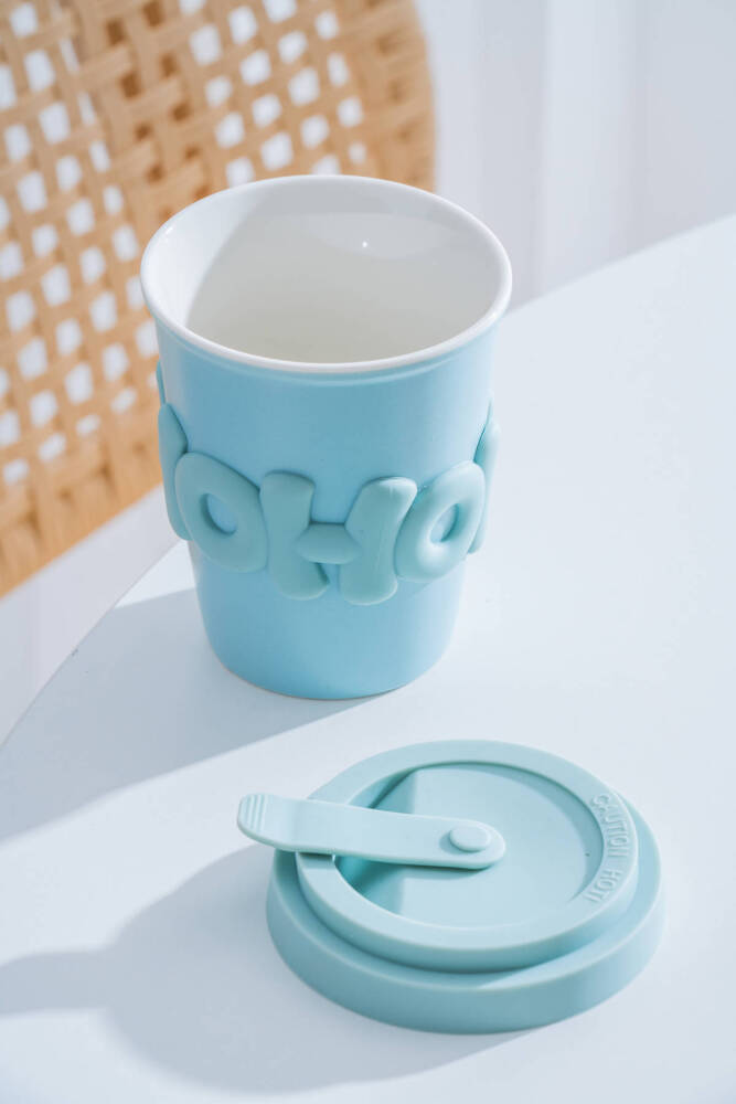 Ruby Silikon Kapaklı Porselen Kupa Mavi - 380 ml - 3