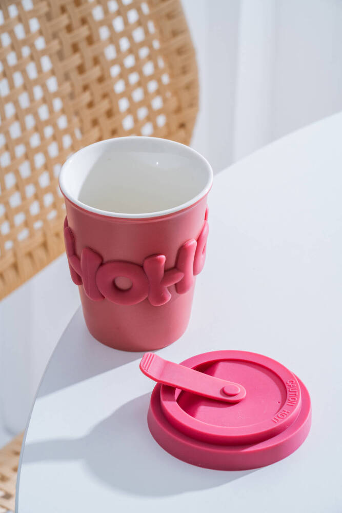 Ruby Silikon Kapaklı Porselen Kupa Pembe - 380 ml - 3