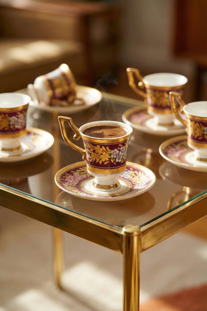 Ruperta 24K Altın Detaylı 6 Kişilik Porselen Kahve Fincanı Takımı - 90 ml - 1