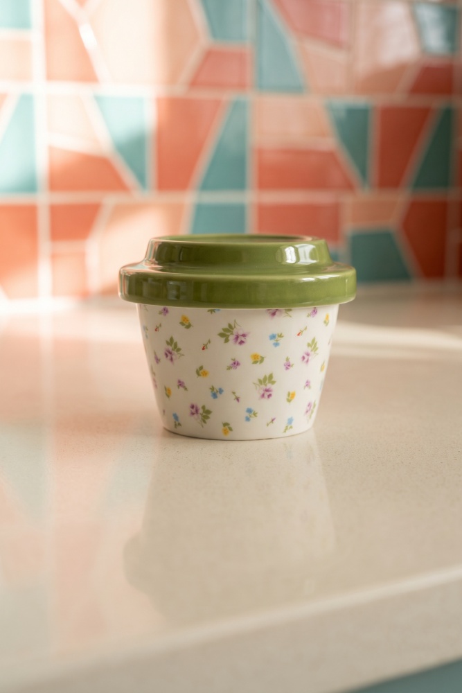 Silk Petal Porselen Kapaklı Kavanoz Yeşil - 160 ml - 1