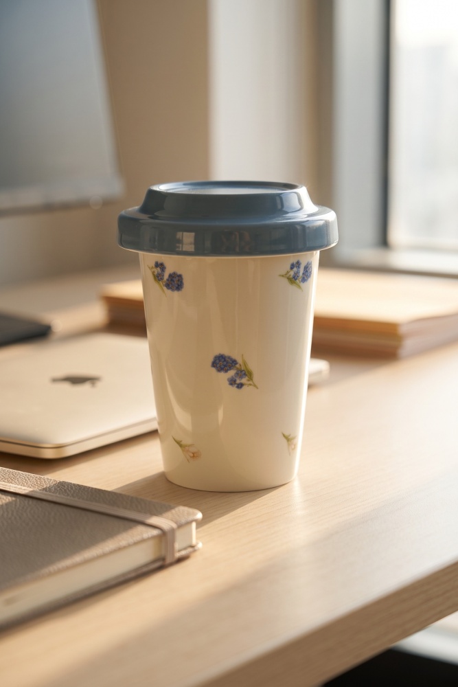 Silk Petal Porselen Kapaklı Kupa Mavi - 370 ml - 2