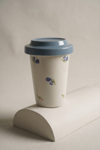 Silk Petal Porselen Kapaklı Kupa Mavi - 370 ml - 3