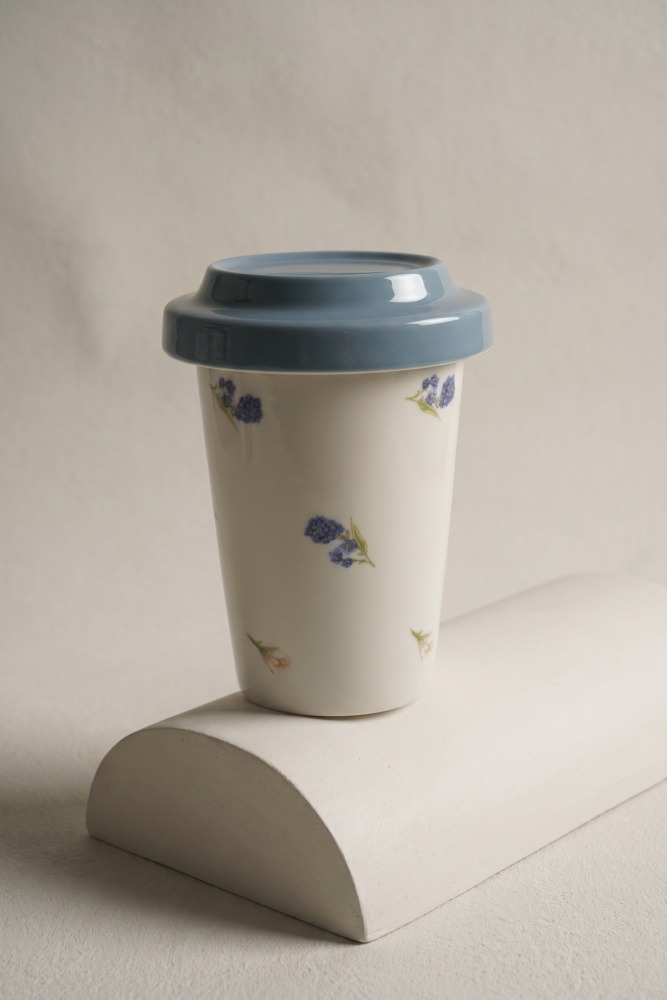 Silk Petal Porselen Kapaklı Kupa Mavi - 370 ml - 3