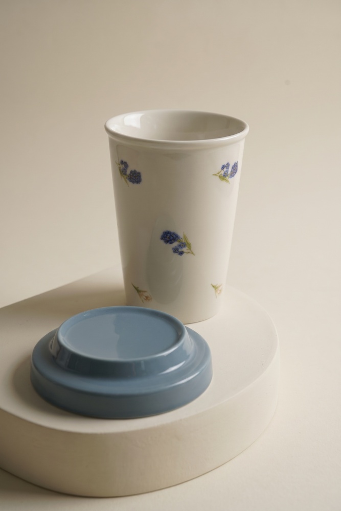 Silk Petal Porselen Kapaklı Kupa Mavi - 370 ml - 4