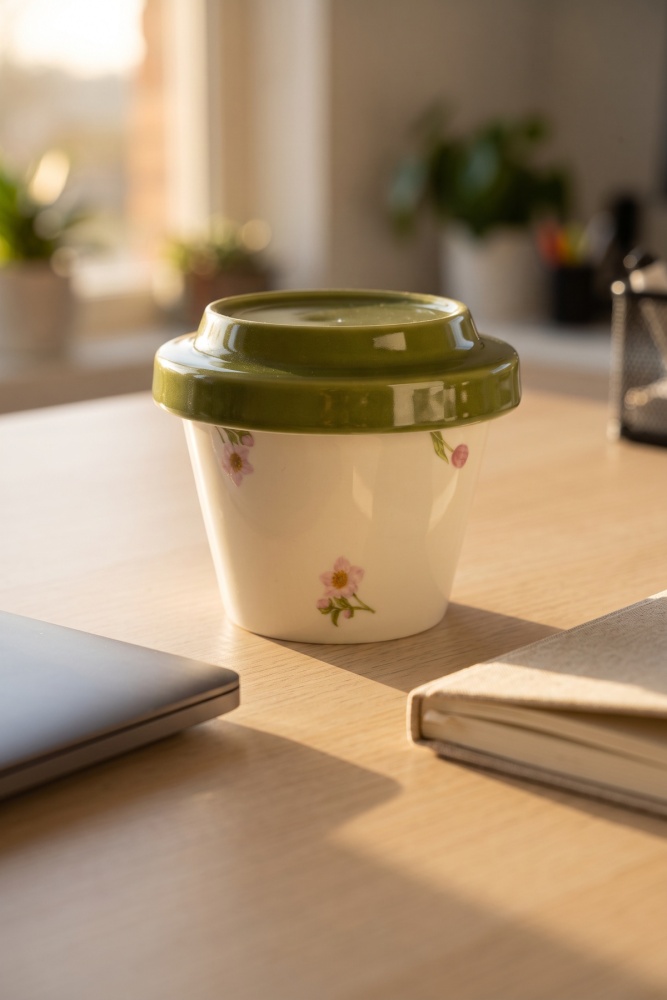 Silk Petal Porselen Kapaklı Kupa Yeşil - 230 ml - 2
