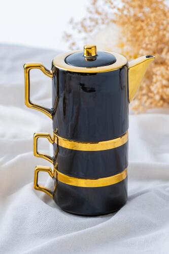 Stella Porselen 2 Kişilik Demlik Fincan Seti - Siyah - Acar