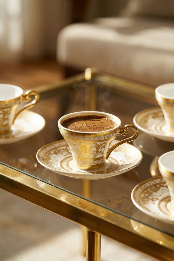 Villarie 24K Altın Detaylı 6 Kişilik Porselen Kahve Fincanı Takımı - 90 ml - 1