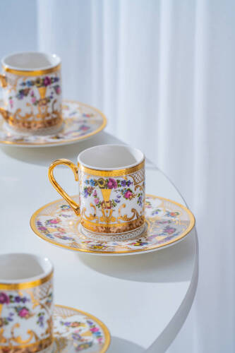 Zale 24K Altın Detaylı 6 Kişilik Porselen Kahve Fincan Takımı - 100 ml - Acar